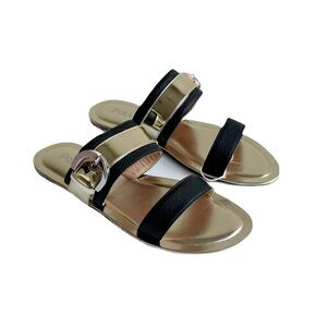 Pollini Leather Strappy Sandals Size 38 Gold Buckle Black Slides Open Toe Spring